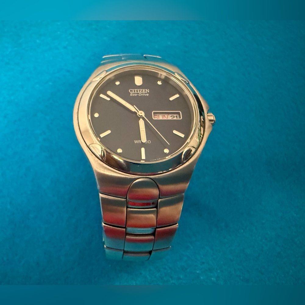 Eco Citizen Silver Stainless Steel Watch with Blue Dial Large Face